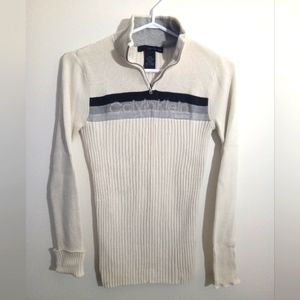 Vintage Calvin Klein Cotton Zip Front Mock Neck Logo Ribbed Sweater